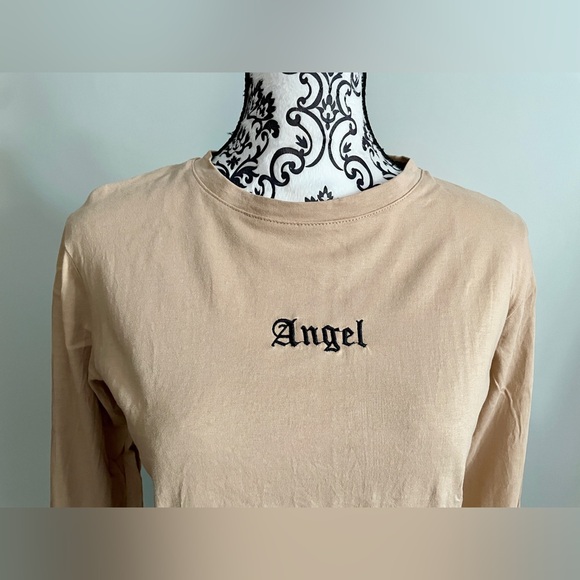 Adika Angel Embroidered Tan Long Sleeve Shirt Women’s Sz Small Soft Stretchy Y2K - Picture 2 of 10